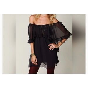 NWT Free People Midnight Mini Dress  Ruffle Off Shoulder Cape Sleeve XS